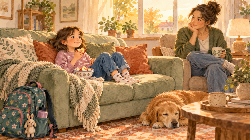Watercolor illustration of a child resting with a snack after school while a parent stays nearby in a calm living room.