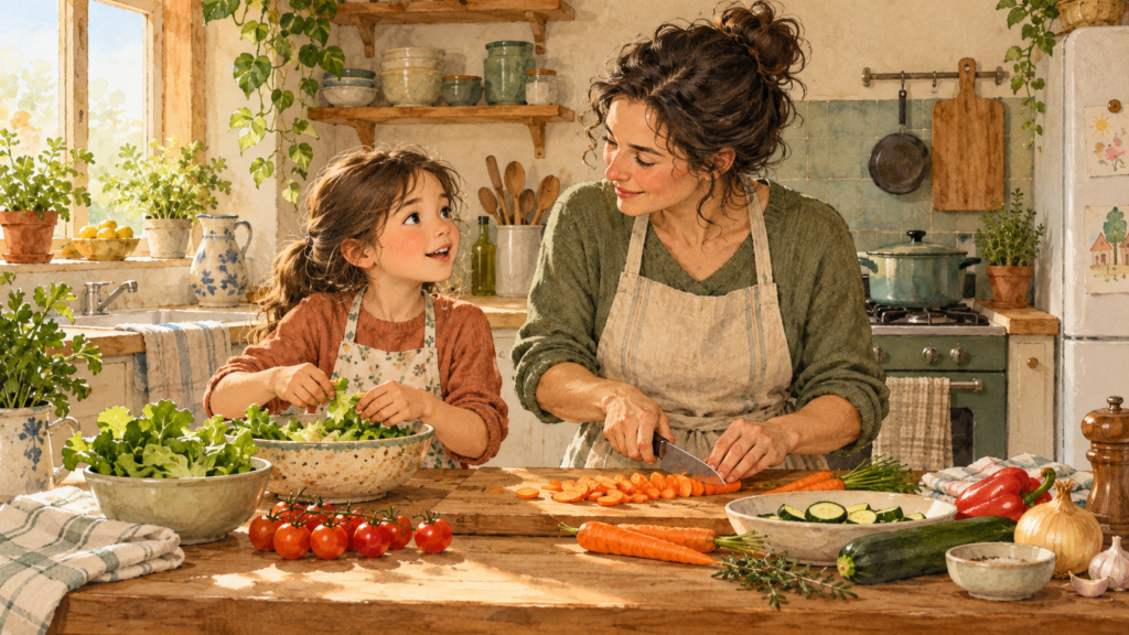 Watercolor illustration of a parent and child talking side by side while preparing dinner together.