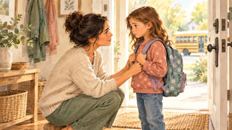 Parent listening to a worried child with a backpack near the front door before school.