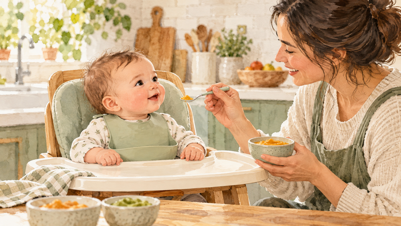 Parent offering a small spoon of soft food to an alert baby seated upright in a high chair