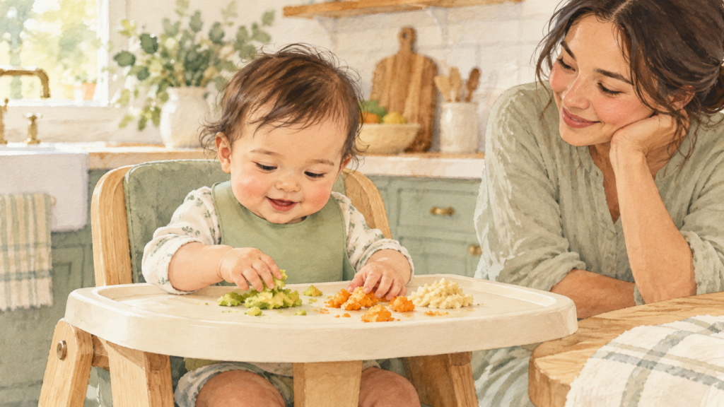 Baby exploring soft mashed food on a high-chair tray while a parent watches attentively